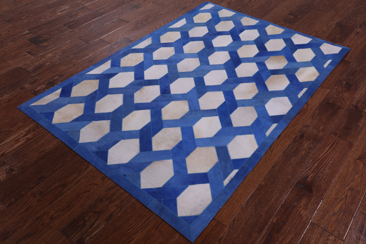 Blue & White Patchwork Cowhide Rug - 4' 0" x 6' 0"