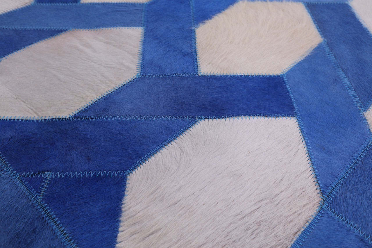 Blue & White Patchwork Cowhide Rug - 4' 0" x 6' 0"