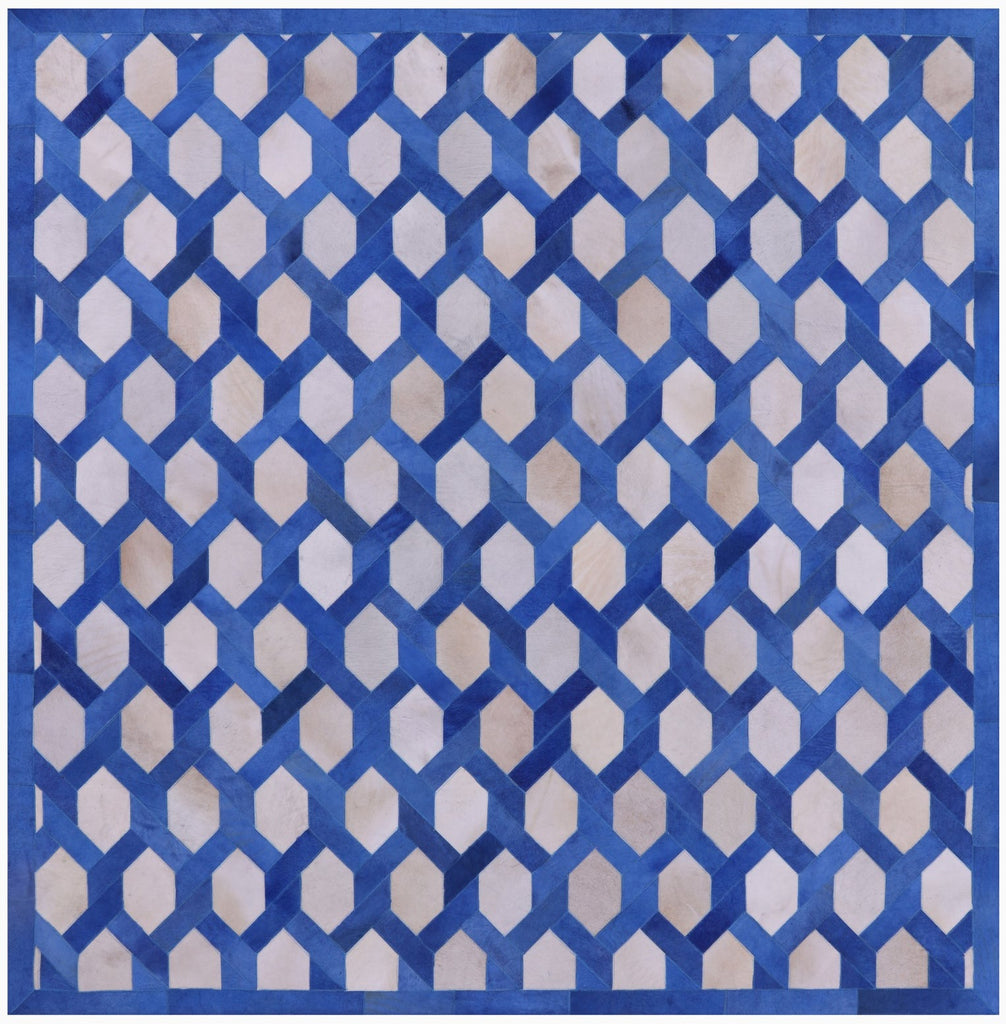 Blue & White Square Patchwork Natural Cowhide Rug - 8' 0" x 8' 0"