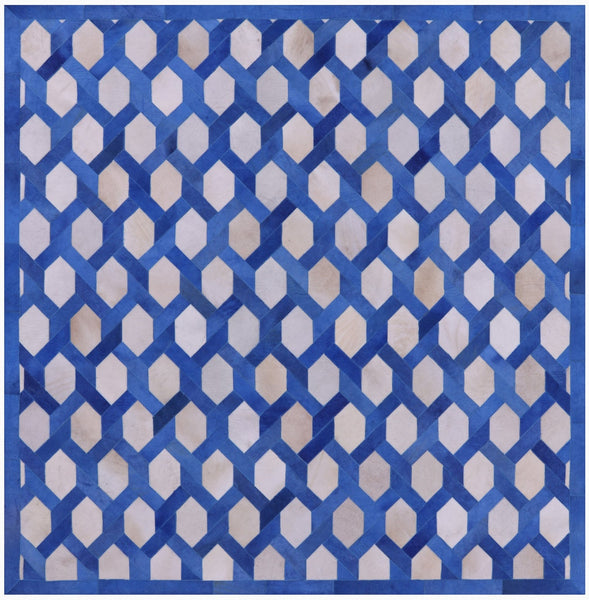 Blue & White Square Patchwork Cowhide Rug - 8' 0" x 8' 0"