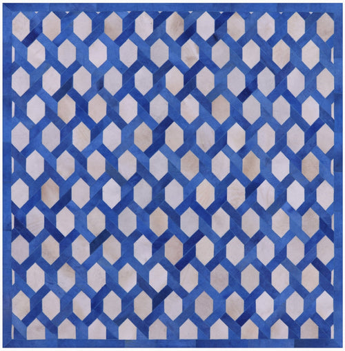 Blue & White Square Patchwork Natural Cowhide Rug - 8' 0