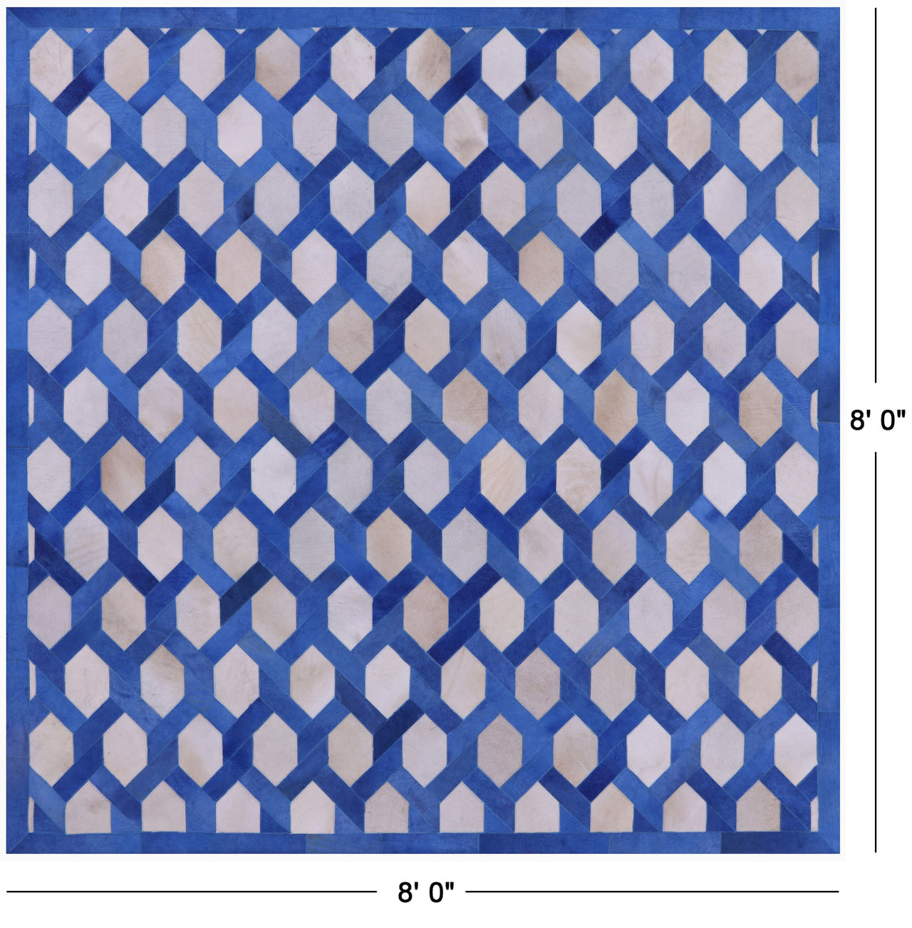 Blue & White Square Patchwork Natural Cowhide Rug - 8' 0" x 8' 0"