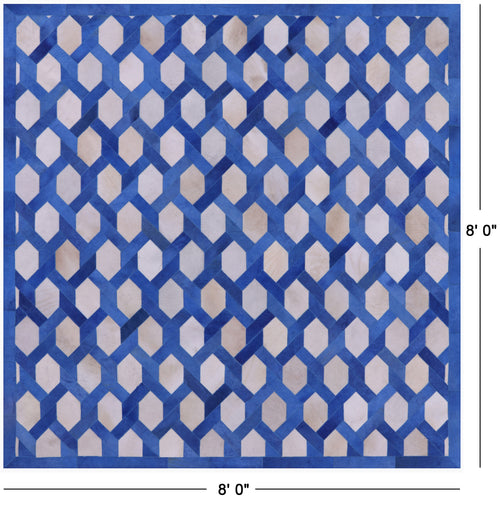 Blue & White Square Patchwork Natural Cowhide Rug - 8' 0