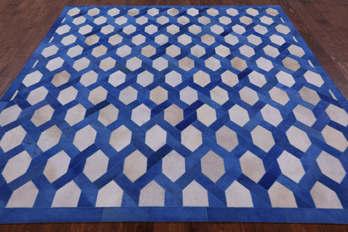 Blue & White Square Patchwork Natural Cowhide Rug - 8' 0