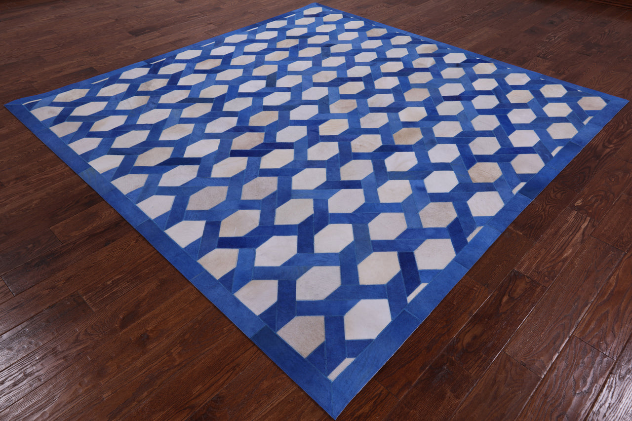 Blue & White Square Patchwork Cowhide Rug - 8' 0" x 8' 0"