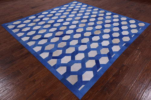 Blue & White Square Patchwork Natural Cowhide Rug - 8' 0