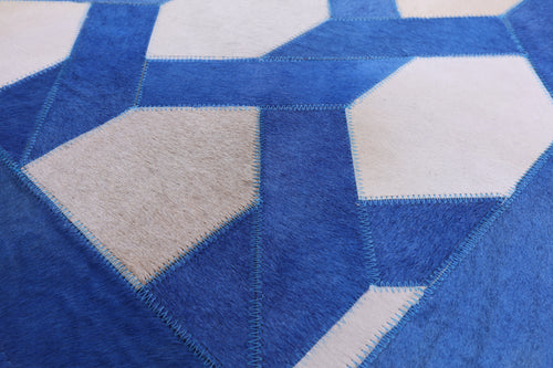 Blue & White Square Patchwork Natural Cowhide Rug - 8' 0