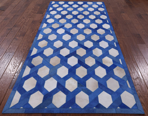 Blue & White Patchwork Natural Cowhide Runner Rug - 4' 0