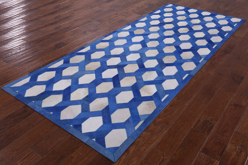 Blue & White Patchwork Natural Cowhide Runner Rug - 4' 0