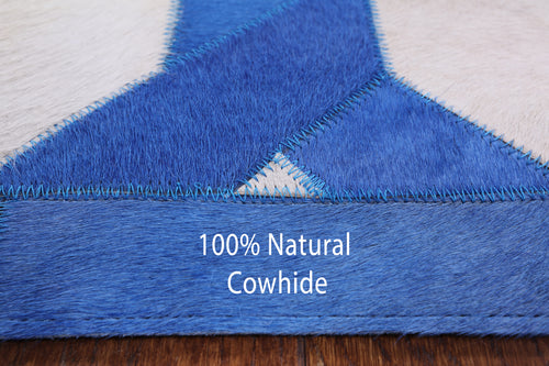 Blue & White Patchwork Natural Cowhide Runner Rug - 4' 0