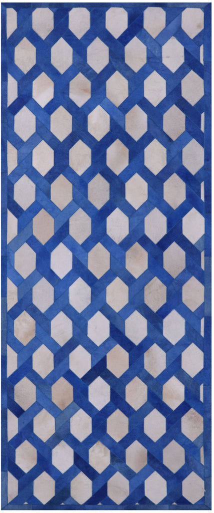 Blue & White Patchwork Natural Cowhide Runner Rug - 4' 0" x 10' 0"
