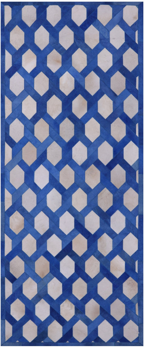 Blue & White Patchwork Natural Cowhide Runner Rug - 4' 0