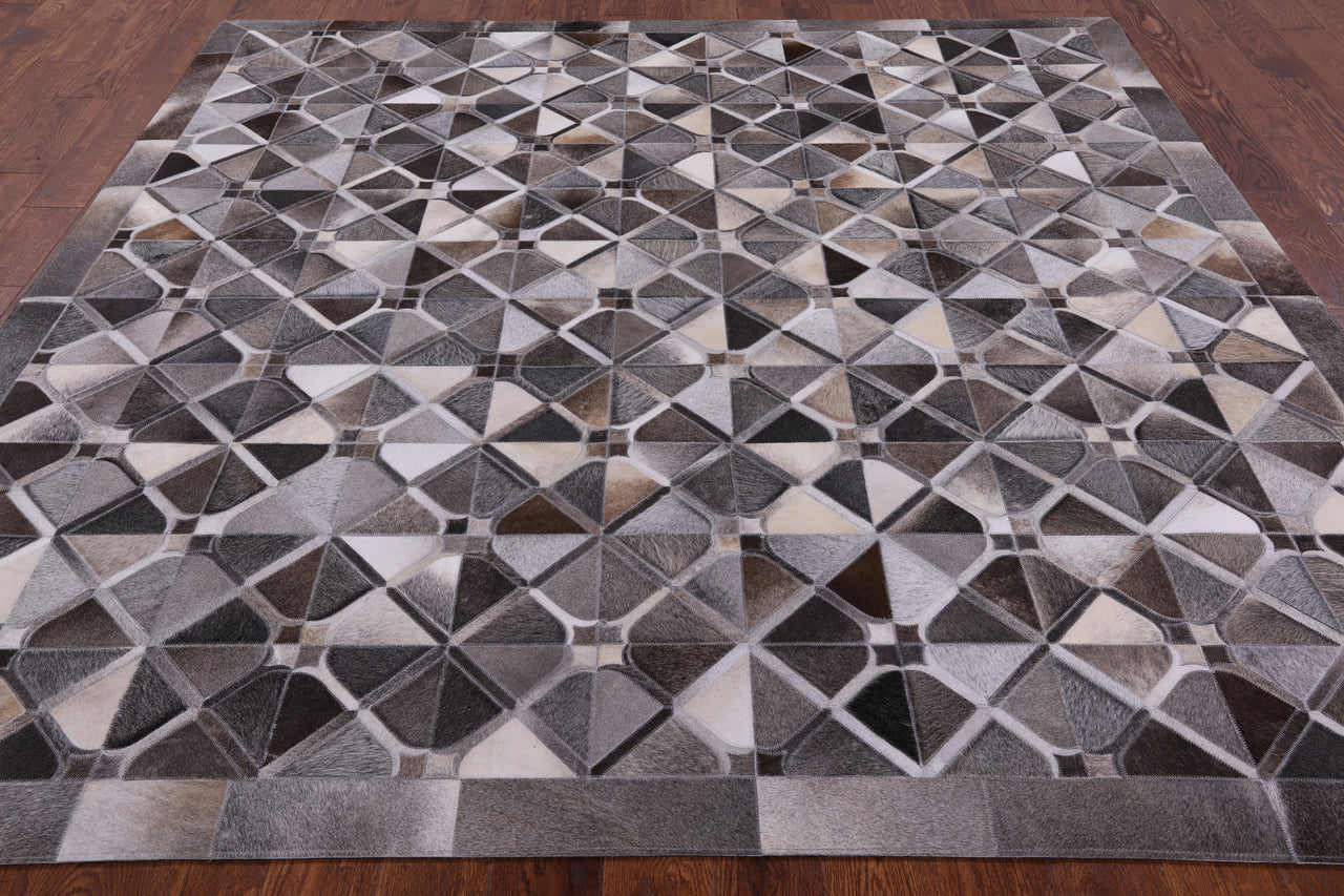 Grey Square Patchwork Cowhide Rug - 8' 0" x 8' 0"