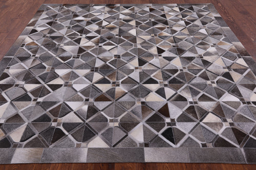 Grey Square Patchwork Natural Cowhide Rug - 8' 0