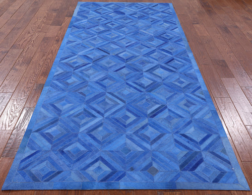 Blue Patchwork Natural Cowhide Runner Rug - 4' 0