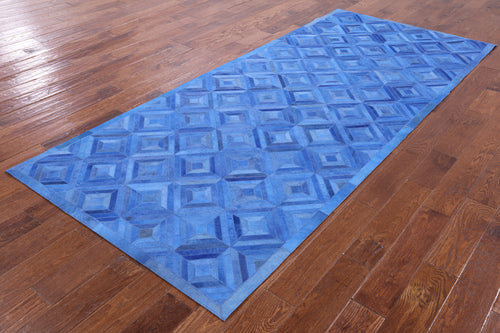 Blue Patchwork Natural Cowhide Runner Rug - 4' 0