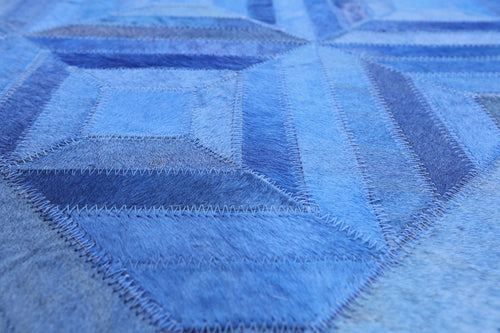 Blue Patchwork Natural Cowhide Runner Rug - 4' 0