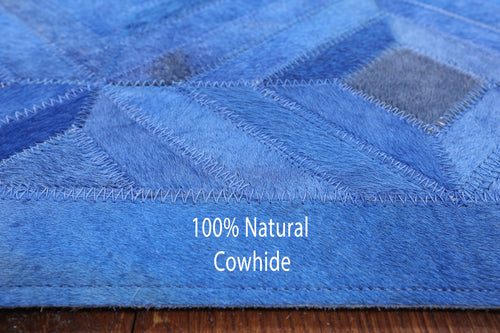 Blue Patchwork Natural Cowhide Runner Rug - 4' 0