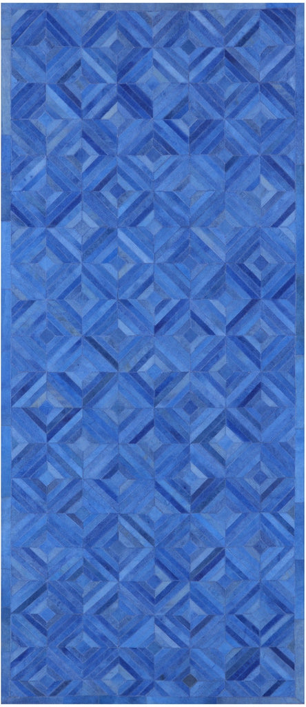 Blue Patchwork Natural Cowhide Runner Rug - 4' 0" x 10' 0"