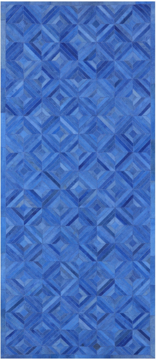 Blue Patchwork Natural Cowhide Runner Rug - 4' 0
