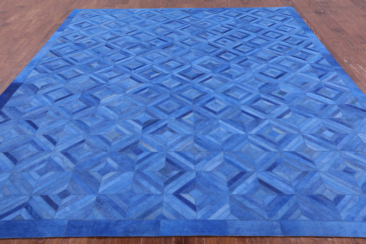 Blue Patchwork Natural Cowhide Rug - 8' 0" x 10' 0"