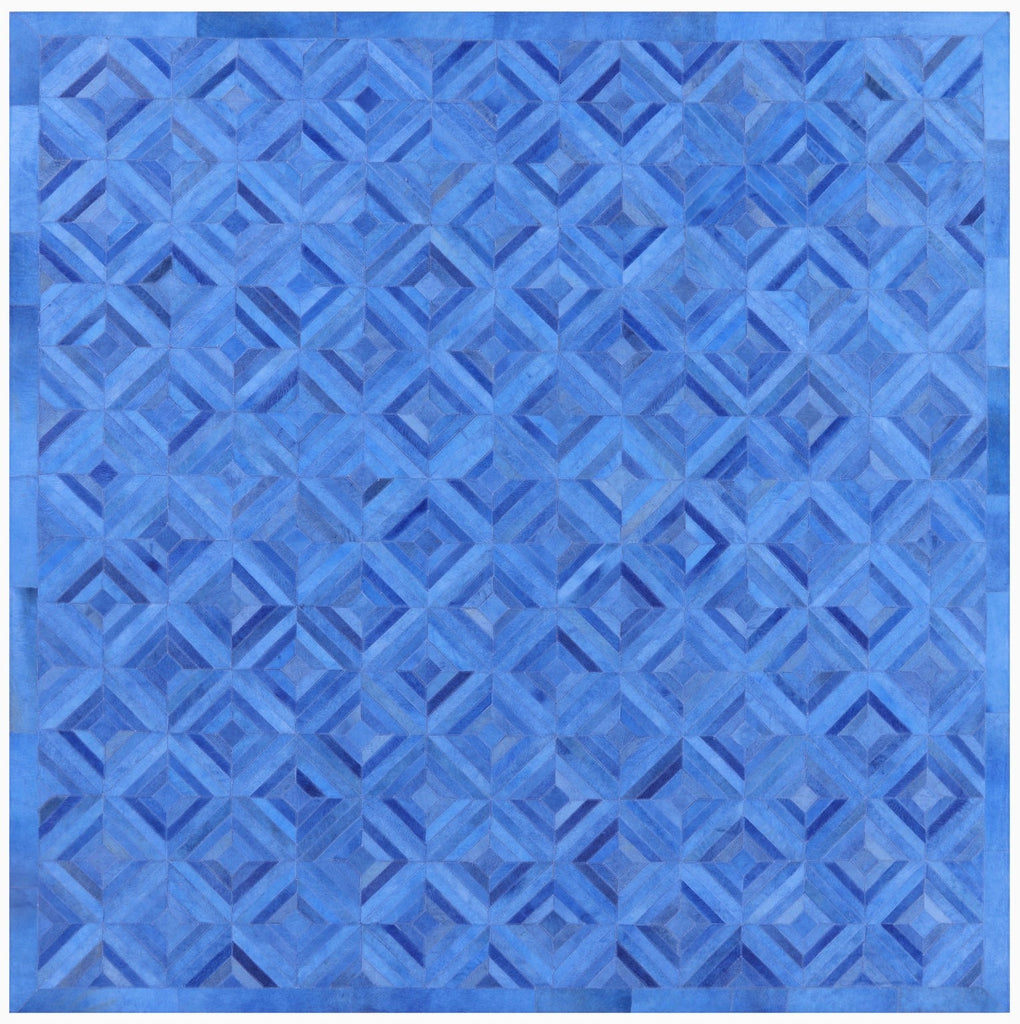 Blue Square Patchwork Natural Cowhide Rug - 8' 0" x 8' 0"