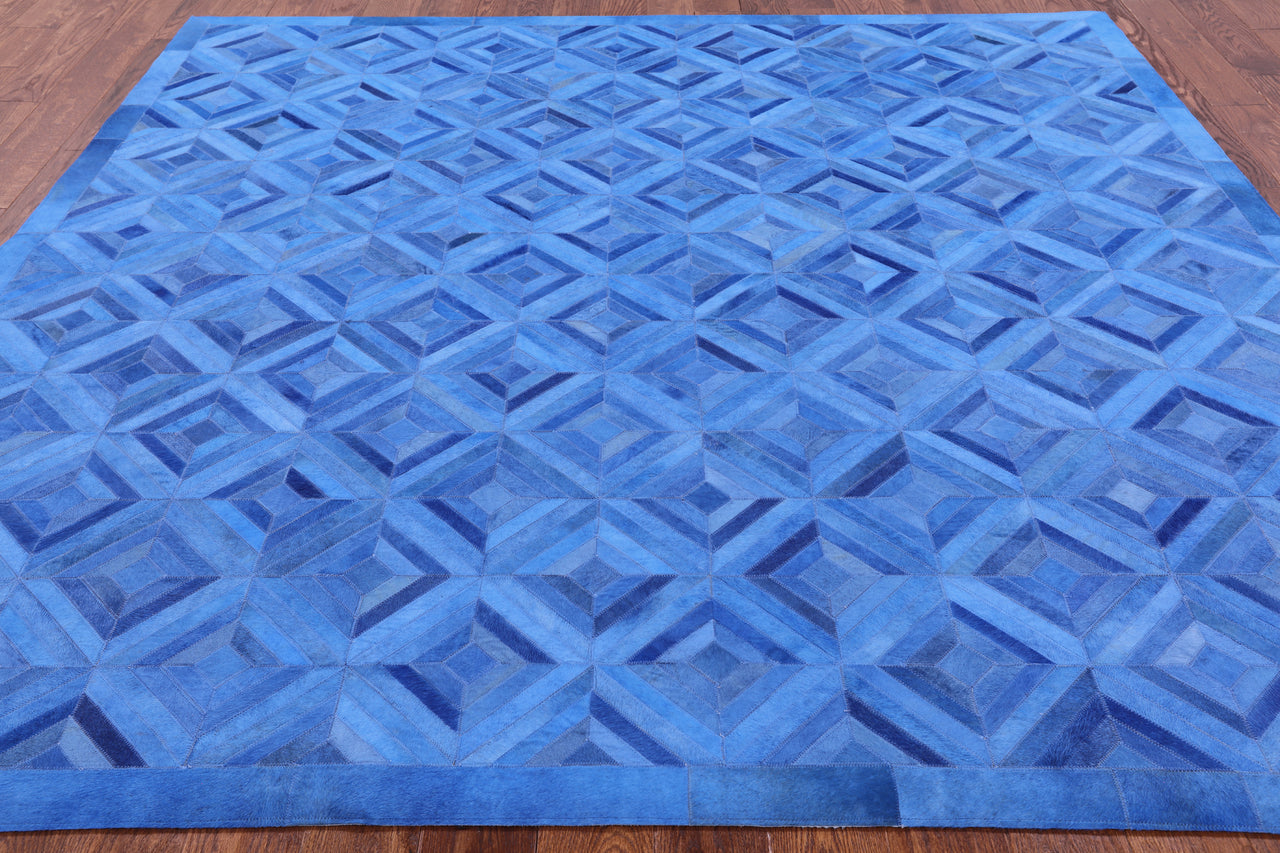 Blue Square Patchwork Cowhide Rug - 8' 0" x 8' 0"