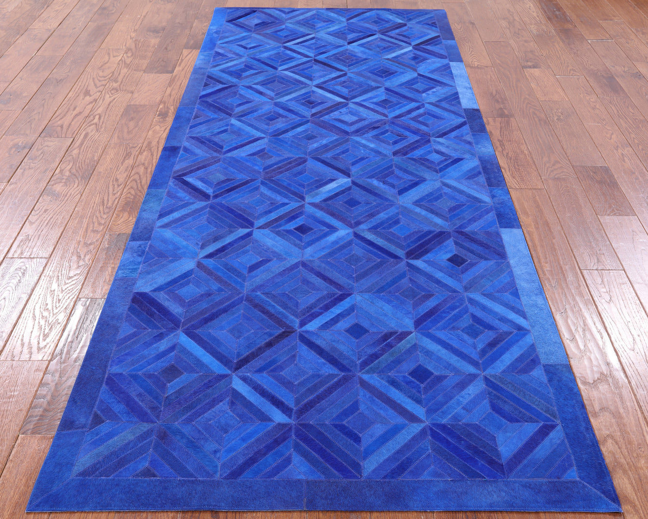 Blue Patchwork Cowhide Runner Rug - 4' 0" x 10' 0"