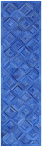 Blue Patchwork Cowhide Runner Rug - 2' 6" x 10' 0"