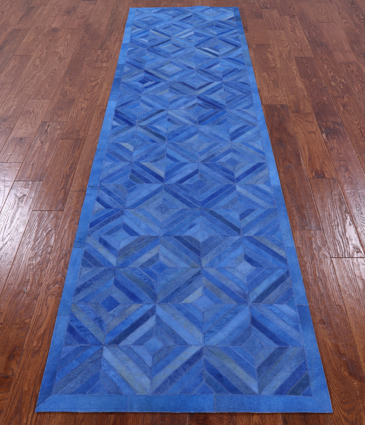 Blue Patchwork Cowhide Runner Rug - 2' 6" x 10' 0"