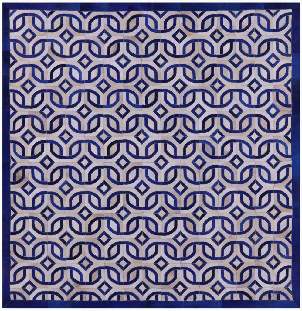 Blue & White Square Patchwork Natural Cowhide Rug - 8' 0" x 8' 0"