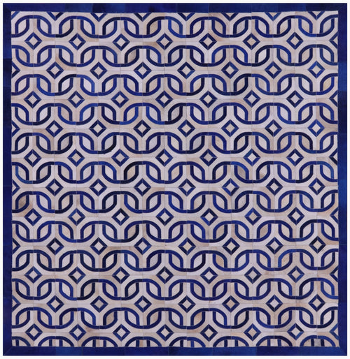 Blue & White Square Patchwork Natural Cowhide Rug - 8' 0