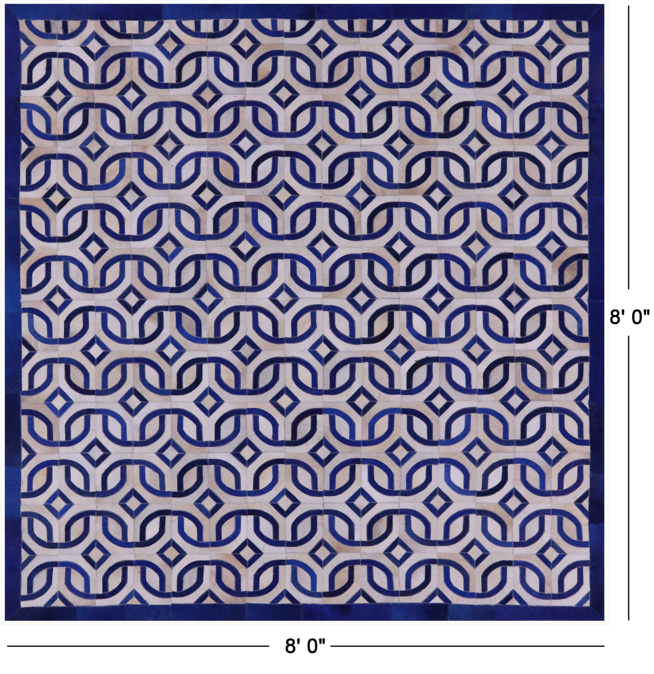 Blue & White Square Patchwork Natural Cowhide Rug - 8' 0" x 8' 0"