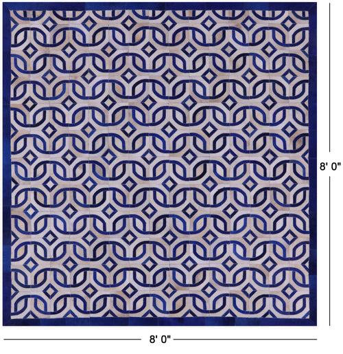 Blue & White Square Patchwork Natural Cowhide Rug - 8' 0