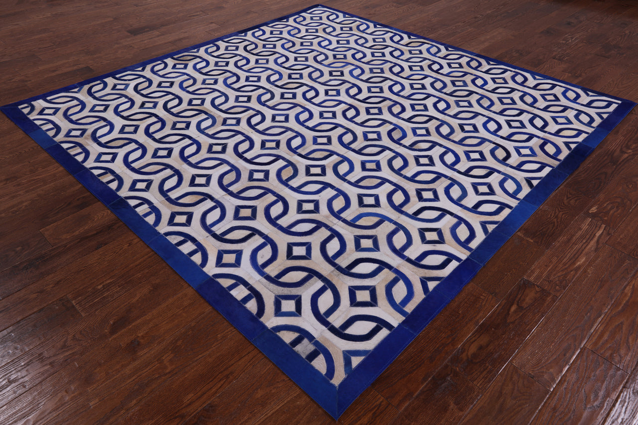 Blue & White Square Patchwork Cowhide Rug - 8' 0" x 8' 0"