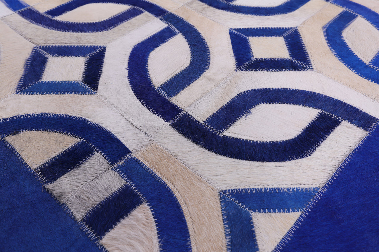 Blue & White Square Patchwork Cowhide Rug - 8' 0" x 8' 0"