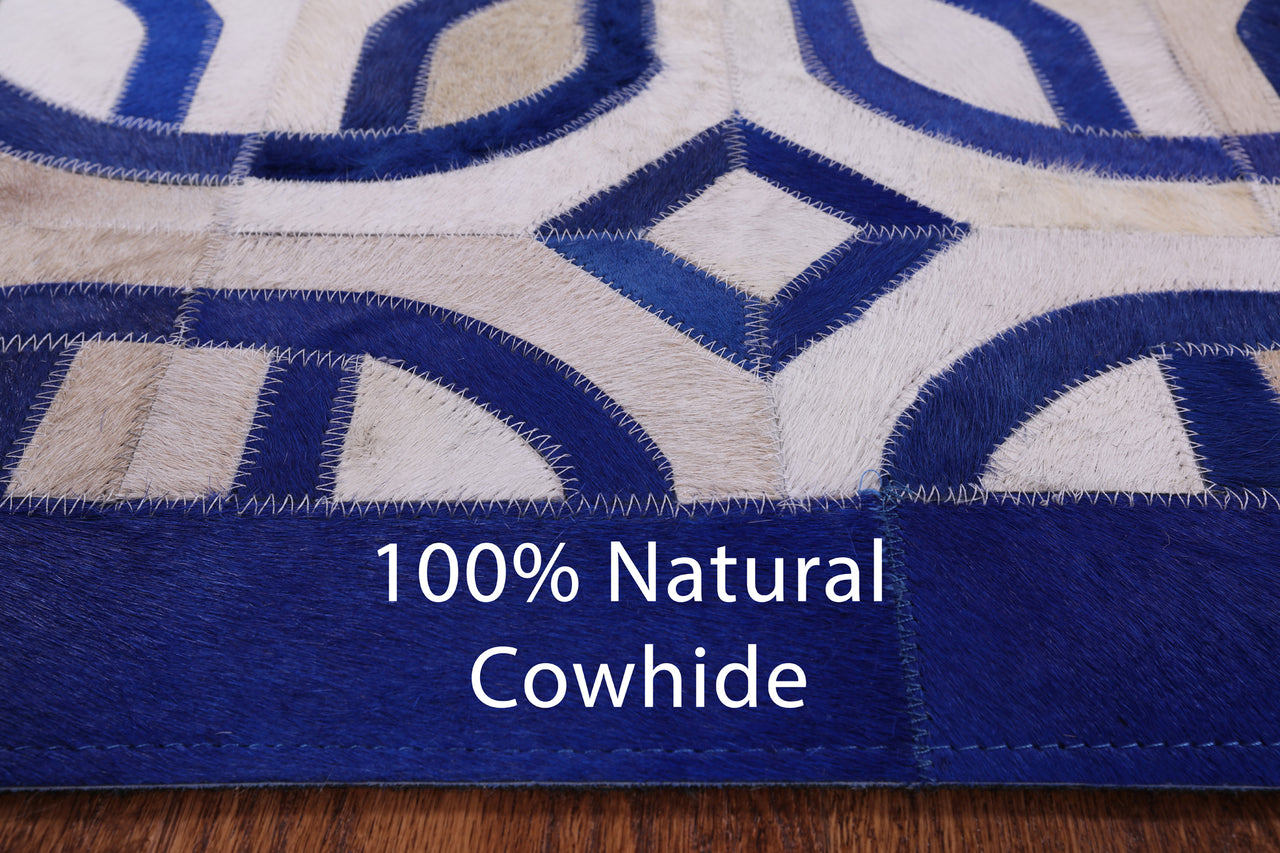 Blue & White Square Patchwork Cowhide Rug - 8' 0" x 8' 0"