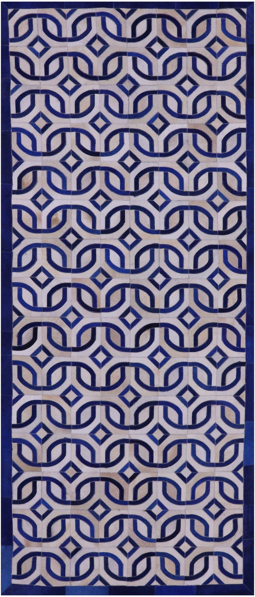 Blue & White Patchwork Natural Cowhide Runner Rug - 4' 0