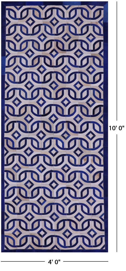 Blue & White Patchwork Natural Cowhide Runner Rug - 4' 0