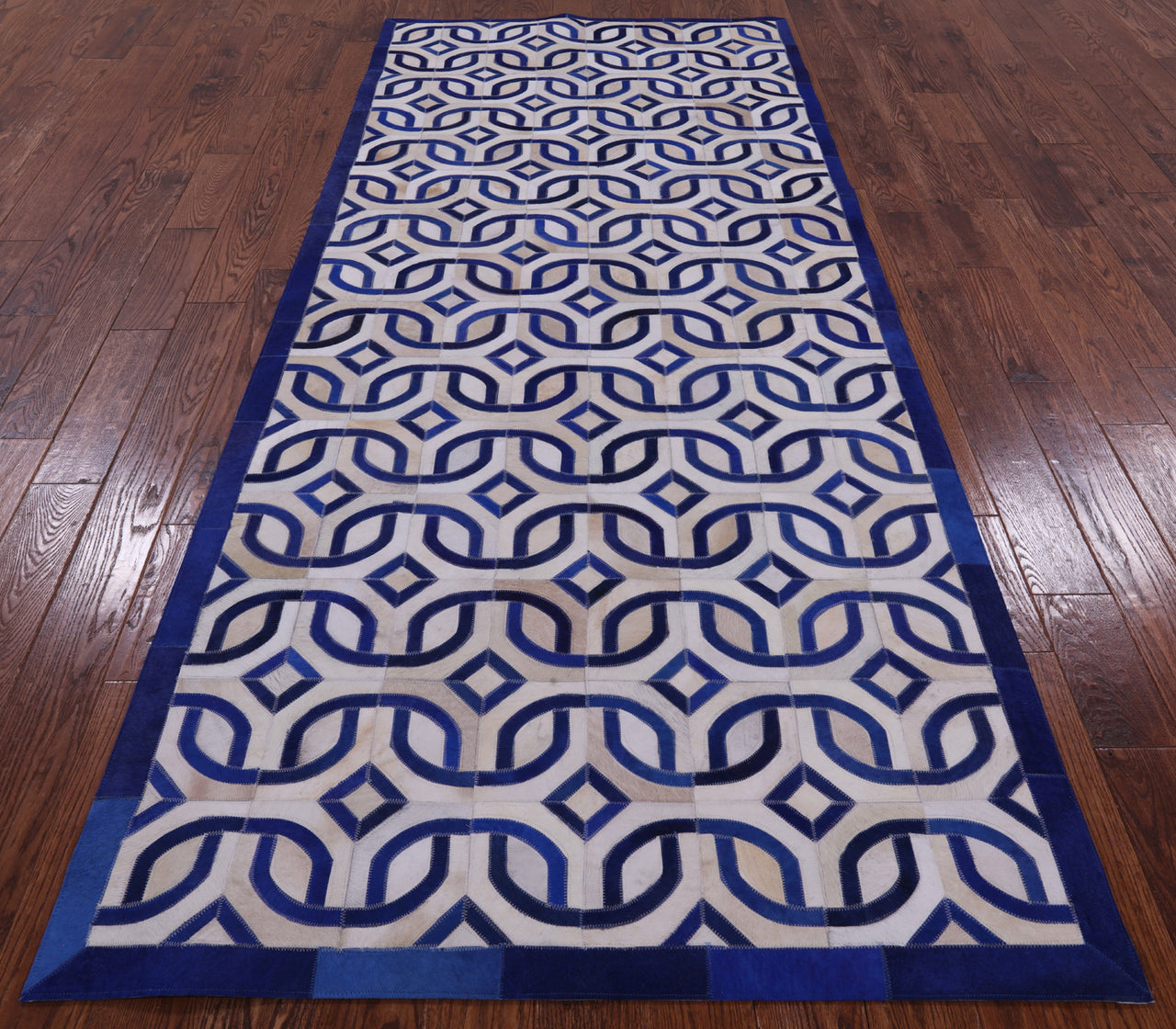 Blue & White Patchwork Cowhide Runner Rug - 4' 0" x 10' 0"