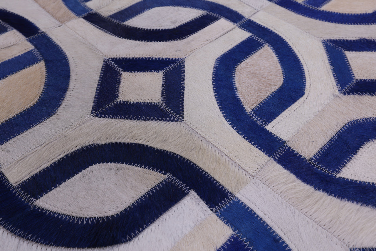 Blue & White Patchwork Cowhide Runner Rug - 4' 0" x 10' 0"