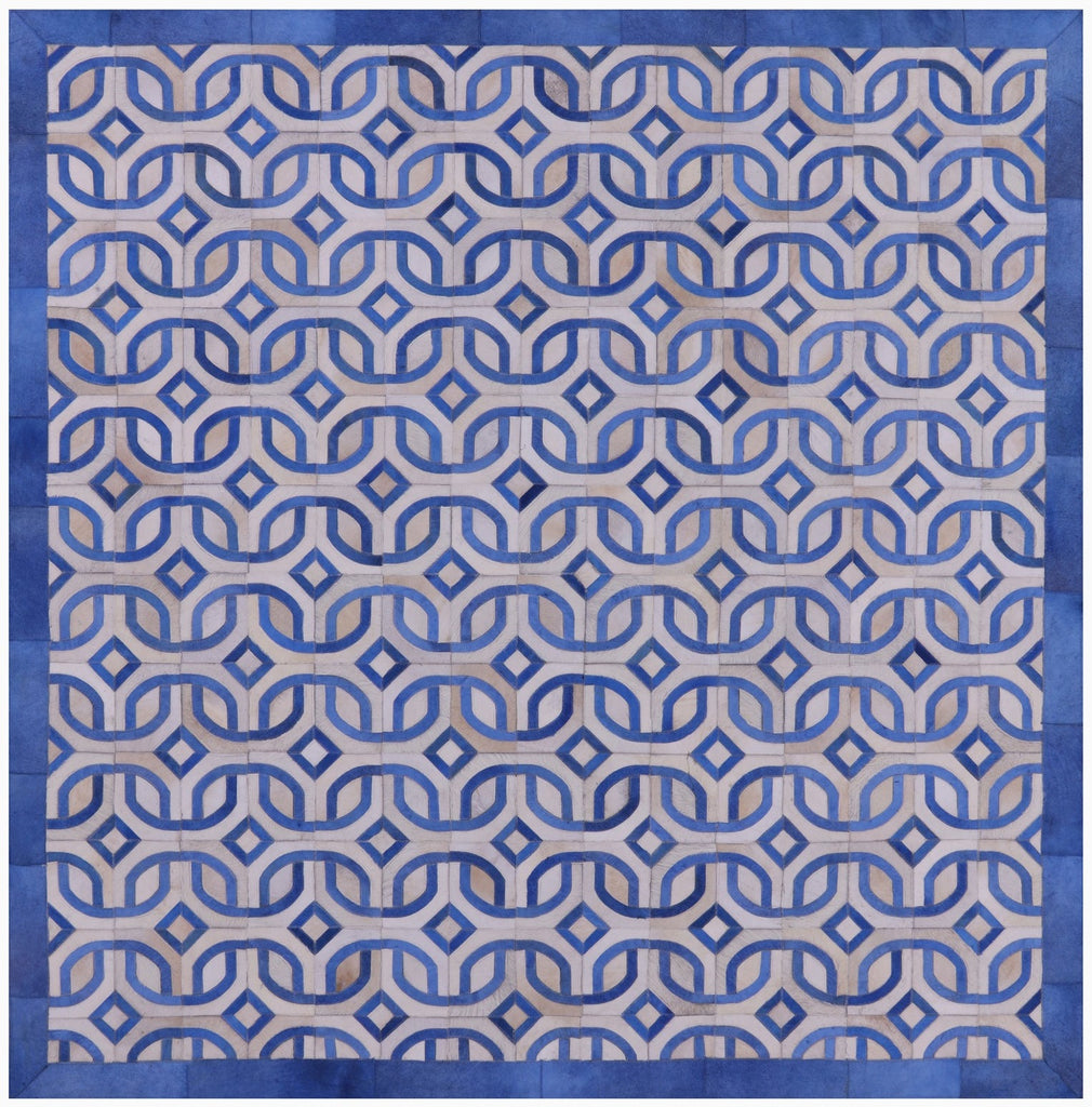 Blue & White Square Patchwork Natural Cowhide Rug - 8' 0" x 8' 0"
