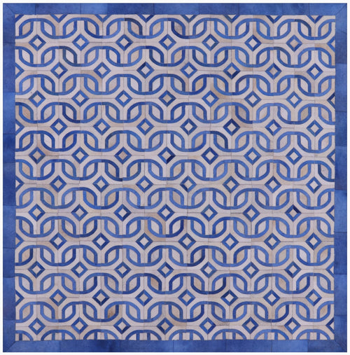 Blue & White Square Patchwork Natural Cowhide Rug - 8' 0