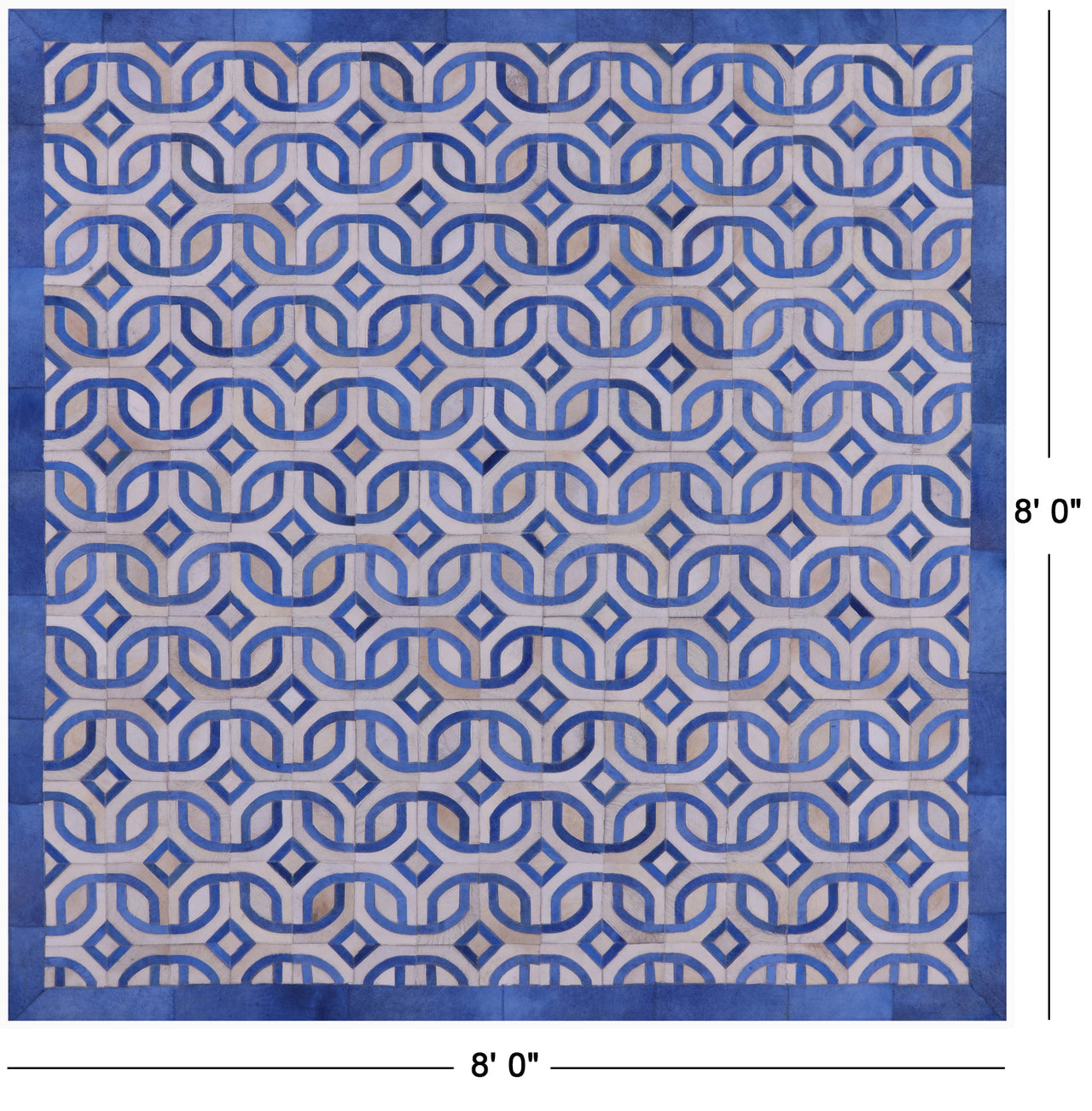 Blue & White Square Patchwork Natural Cowhide Rug - 8' 0" x 8' 0"