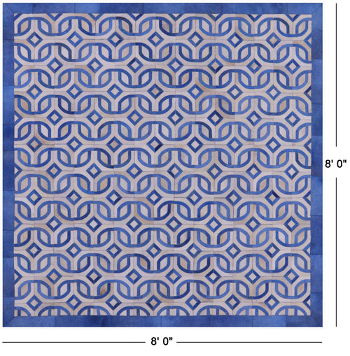 Blue & White Square Patchwork Natural Cowhide Rug - 8' 0