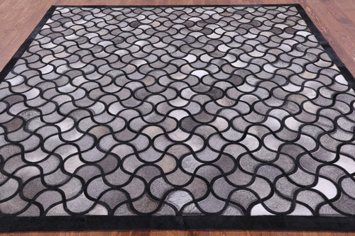 Black & Grey Square Patchwork Natural Cowhide Rug - 8' 0
