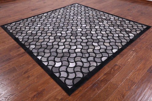 Black & Grey Square Patchwork Natural Cowhide Rug - 8' 0