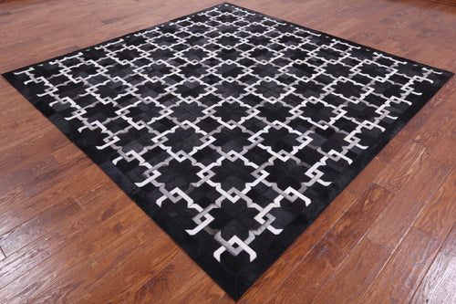 Black Square Patchwork Natural Cowhide Rug - 8' 0