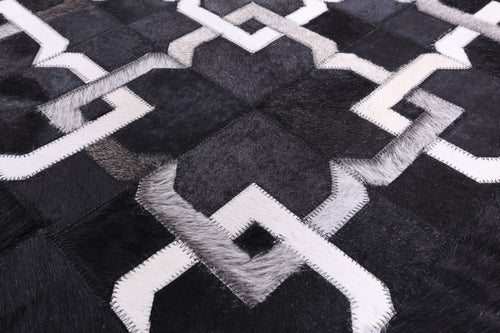 Black Square Patchwork Natural Cowhide Rug - 8' 0
