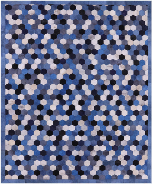 Blue & White Patchwork Cowhide Rug - 8' 0" x 10' 0"